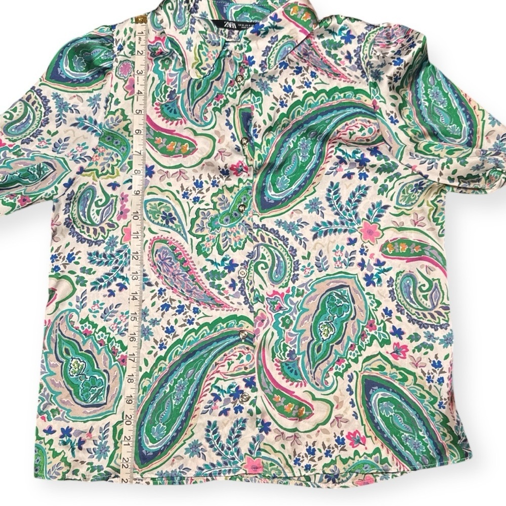 ZARA Paisley Print Satin Blouse Sz M Green Pink Boho Button Front - Picture 13 of 14